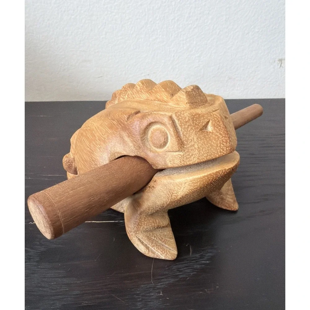 Hand Carved Wooden‎ Frog Guiro Percussion Instrument Croaking Rasp w/ Stick